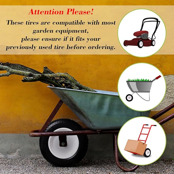 Parts Camp Wheelbarrow Tires,3.50-8" Flat-free Solid Tire and Wheel,Universal Fit 14.5" Wheelbarrow Tire For Garden Carts/Wheelbarrows/Trolley Dolly With 5/8" Axle Bore Hole,3" Centered Hub(2 Pack)