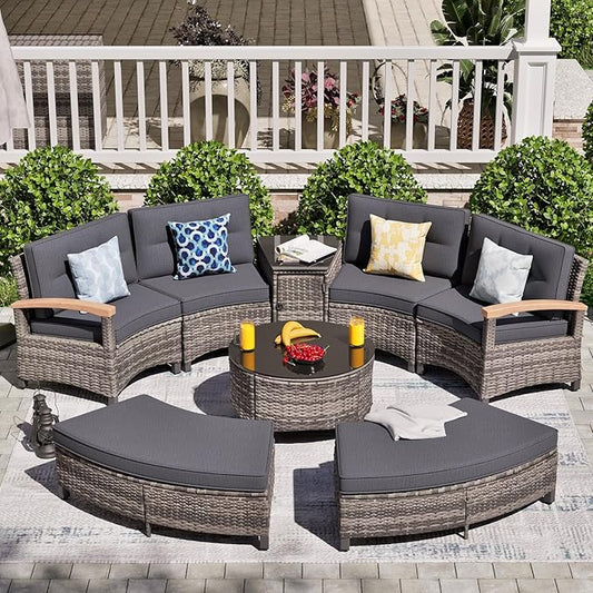 MEISSALIVVE 8 Piece Outdoor Patio Furniture Set, Half-Moon Curved Sectional Set with Wood Armrests, Patio Conversation Set, 2 Half-Moon Ottomans,Coffee & Side Tables (Grey)