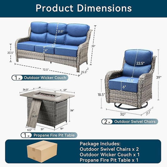 Luxury High Back Outdoor Furniture 6-Inch Thick Cushions with 50,000 BTU Gas Propane Fire Pit Tablet, Patio Furniture Set with Swivel Chairs, for Porch, Balcony, Deck and Yard