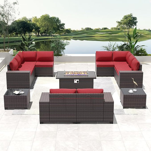 Outdoor Patio Furniture Set with Propane Fire Pit Table, 13 Pieces Outdoor Furniture Patio Sectional Sofa Conversation Sets w/ETL Approved 43" Gas Outdoor Fire Table & Coffee Table Red.