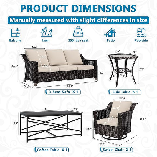 Vista Vibe 5 Pieces Outdoor Rattan Patio Conversation Furniture Set - 78" 3-Seat Sofa | 2 Swivel Glider Rocker Chairs | Wicker End Table | Metal Table, Upholstered Loveseat, Deck (Brown/Beige)