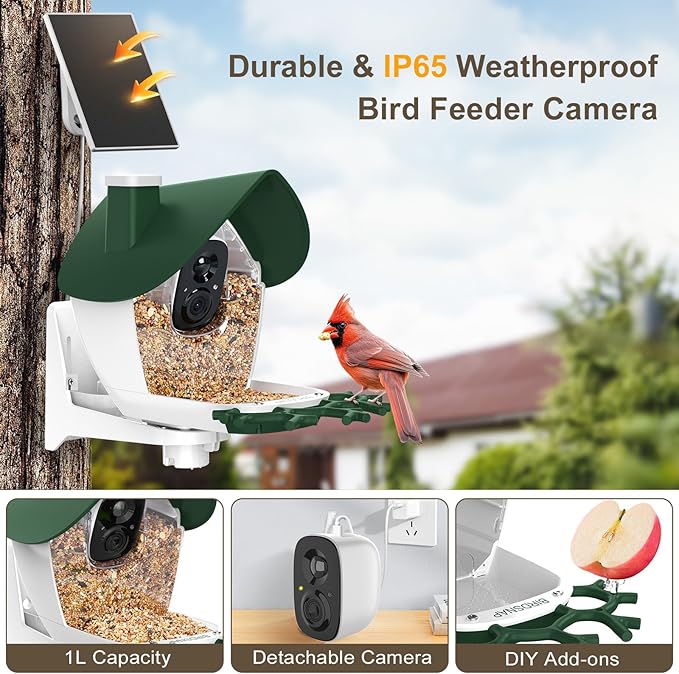 birdsnap® P33 - Bird Feeder with Camera Solar Powered, 2K Video Bird Camera Feeder Live with 32GB Card, AI Identify Feather Species, Auto Record in Backyard, for Birds Lover
