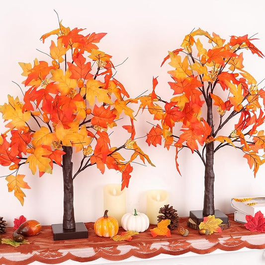 2 Pack 24 Inch Artificial Lighted Fall Maple Tree Thanksgiving Decorations with 48 LEDs Battery Operated Timer Prelit Acorn Maple Tree Lights for Thanksgiving Table Decor Home Indoor Autumn Harvest