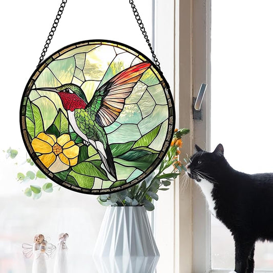 Stained Glass Window Hanging, Green Hummingbird Sun Catcher for Door Home Decor, Birds Suncatcher Christmas Mother's Day Birthday Gifts for Bird Lovers Women Men Mom and Nana 15 in