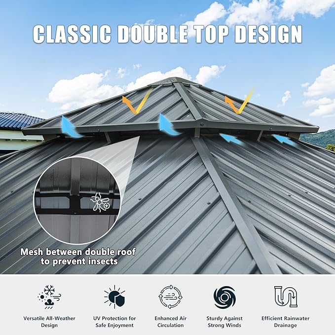 Domi 12' X 12' Hardtop Gazebo Outdoor Metal Gazebo with Galvanized Steel Double Roof Canopy, Aluminum Frame, Curtains and Netting for Patio, Deck, Garden, Grey