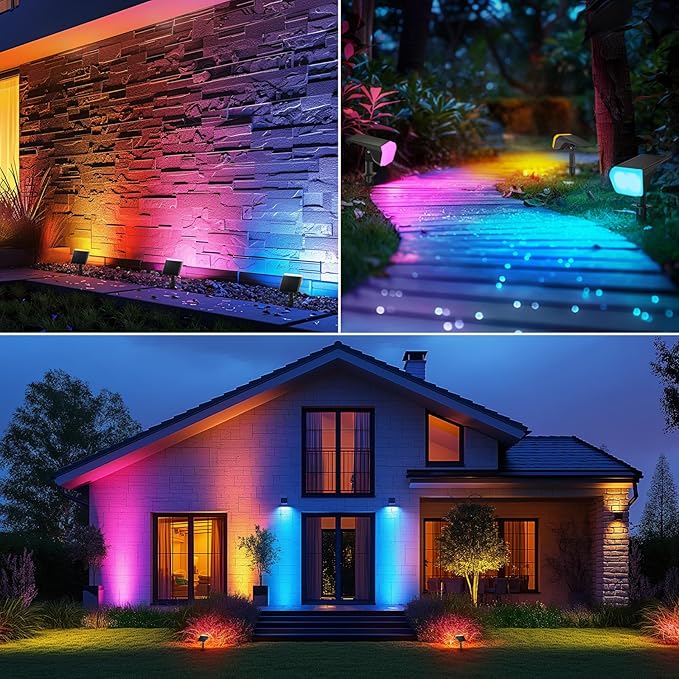 Consciot Solar Spot Lights Outdoor, 30 LED Waterproof Color Changing Solar Spotlight, 2 in 1 Adjustable Wall Lights, 10 Colors, Dusk-to-Dawn Solar Landscape Spotlights for Garden Yard Walkway, 4 Pack