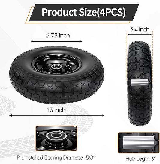 13" Flat Free Tire and Wheel,4.00-6 Wheelbarrow Wheels and Tires with 5/8" or 3/4" Bearings, 13"Solid Tires Replacement for Wheelbarrow, Gorilla Cart, Hand Trucks, Garden Carts 4 Pack