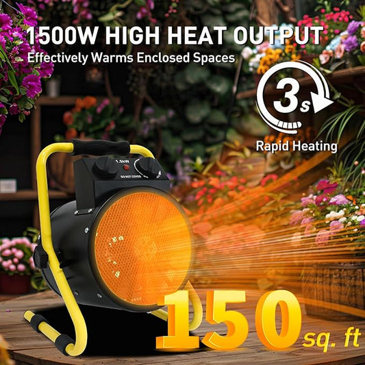 Portable Greenhouse Heater, Overheat Protection, 1500W Radiant Electric Heater for Indoor and Outdoor Use, Garage, Grow Tent, RV, IPX4 Water Resistant, 1 Piece, Black