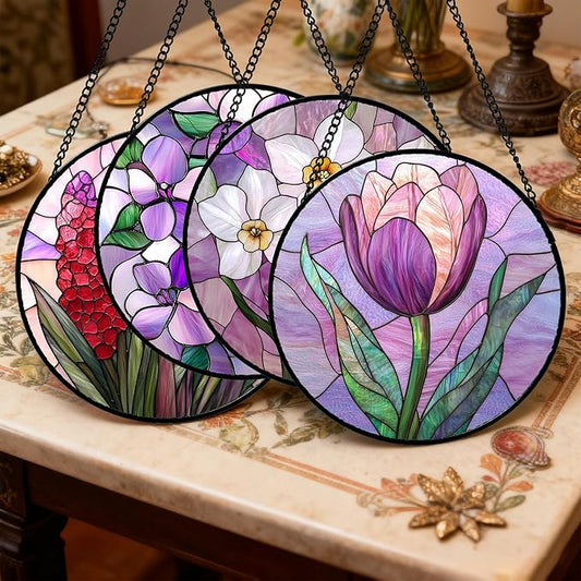 Stained Glass Window Hanging 4 Pcs Set Purple Flower Theme 6.3" - Tulip Suncatcher Door Garden Sun Catcher Decor Birthday Christmas for Plant Lovers Woman Nana Men