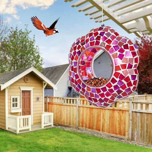 Yinns 9 inch Large Mosaic Bird Feeder, Fly Through Glass Bird Feeder, Hanging Bird Feeder with Oval Stained Glass for Outdoor Garden Decor