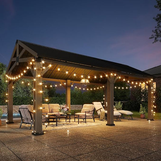 Aoxun 12' x 20' Outdoor Wood Gazebo, Hardtop Gazebo Permanent Wooden Pavilion with Galvanized Steel Gable Roof, for Patio, Garden, Deck, Cedar Wood