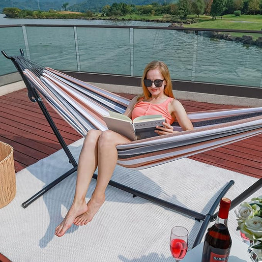 Hammock with Stand for Outside, Heavy Duty Space Saving Steel Stand with 450 lb Capacity, Double Hammock with Portable Carrying Bag, Hamacas Para Adultos for Outdoors, Patio, Garden, Yard