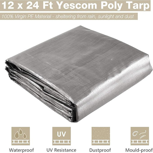 Yescom 12x24 Ft 14 Mil Heavy Duty Reinforced Poly Tarp Reversible Waterproof Tarpaulin Ground Sheet Cover Reversible Silver Black Tarps
