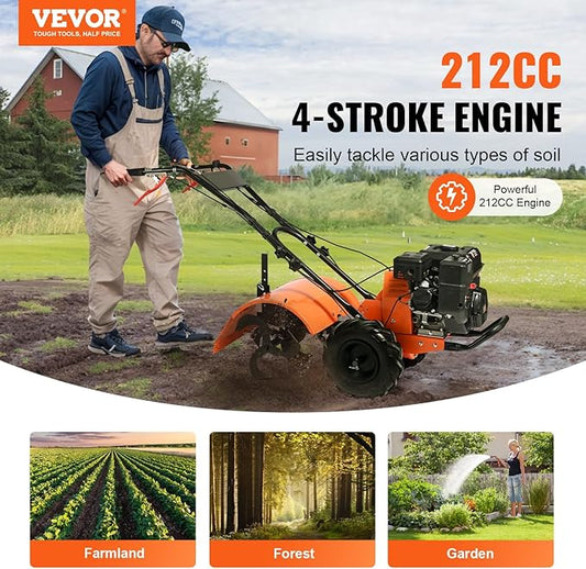 VEVOR Tiller Cultivator, 212CC 4-Stroke Garden Cultivator, Tiller with 4 Steel Adjustable Rear Tines for Lawn, Garden and Field Soil Cultivation