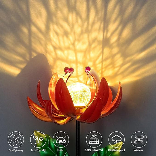 Solar Lights Outdoor Garden Decor, Solar Wind Spinner Yard Decorations for Outside, Lotus Windmill Pathway Lights with LED Cracked Crystal Ball Waterproof Flower Sculpture for Patio Lawn Garden Gifts
