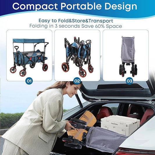 Collapsible Canopy Wagon, Foldable Wagon Stroller with 330LBS, Heavy Duty Cart with Shock-Absorbing Wheels, Adjustable Push Pulling Handles for Camping, Garden, Sports, Shopping, Blue