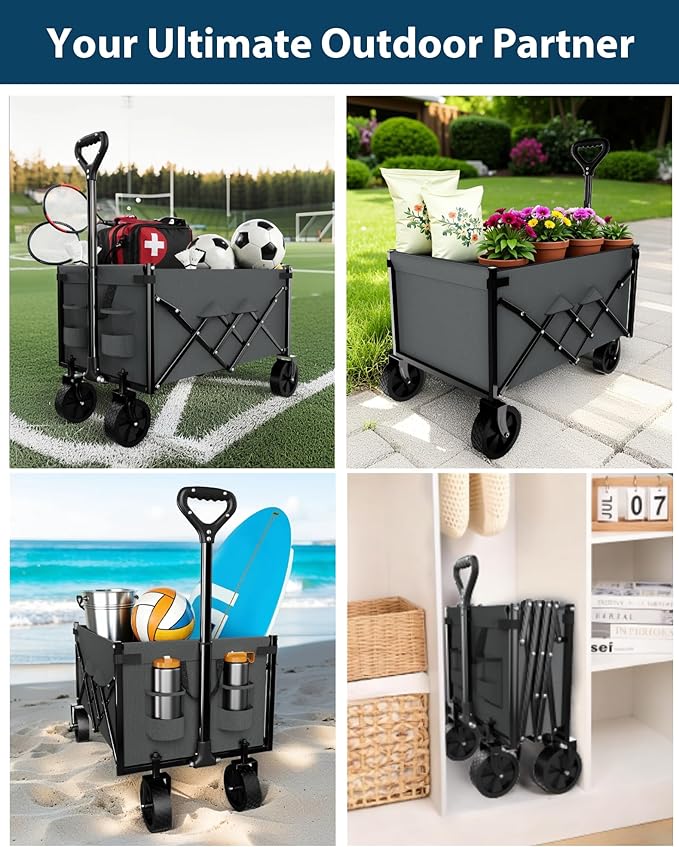 Lightweight Folding Wagon, Large Capacity Collapsible Grocery Cart on Big Wheels, Heavy Duty Foldable Shopping Carts, All-Terrain Outdoor Utility Carts, 4.5 Cu Ft, Grey