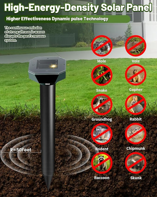 Snake & Mole & Rabbit & Skunk Repellent Solar Powered, 2025 Upgraded Ultrasonic Deterrent, IP65 Waterproof, Gopher Groundhog Chipmunk Raccoon and Vole Repellent & Deterrent for Lawn & Garden, 10 Pack