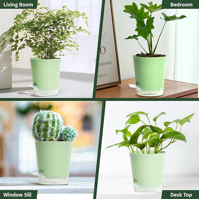 4 Inch 5 Pack Small Self Watering Pots for Indoor Plants, Nursery Pot with Drainage Holes and Saucers, Plastic Small Flower Planter for Succulent, Aloe, Cacti and More(Green)