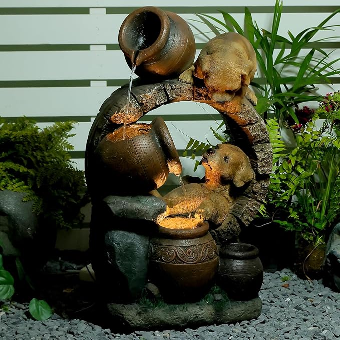 29''H Outdoor Garden Water Fountain,3 Tier Cascading Bowls Dog Waterfall Fountain with Lights for Garden, Patio, Backyard, Deck, Porch and Home Art Decor