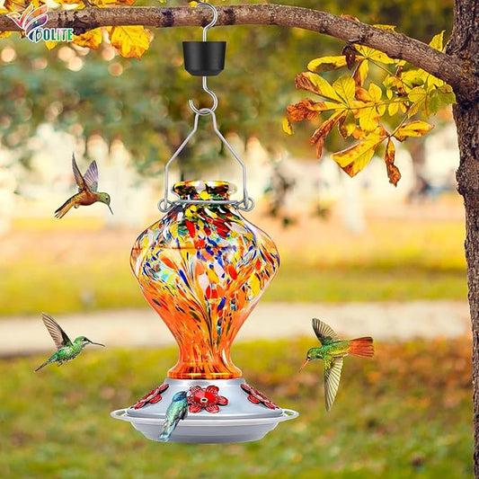 Hummingbird Feeders for Outdoors Hanging, BOLITE Glass Hummingbird Feeder, Hand Blown Twisted with Ant Moat and Five Feeding Ports, 24 Ounces, Leak Proof, Orange, Gifts for Women Men