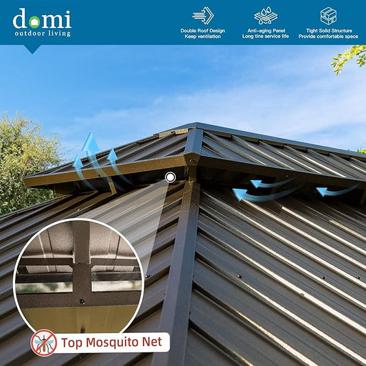 Domi Outdoor Living 12’x14’ Hardtop Gazebo, Wooden Coated Aluminum Frame Canopy with Galvanized Steel Double Roof, Outdoor Permanent Metal Pavilion with Curtains and Netting for Patio, Deck and Lawn