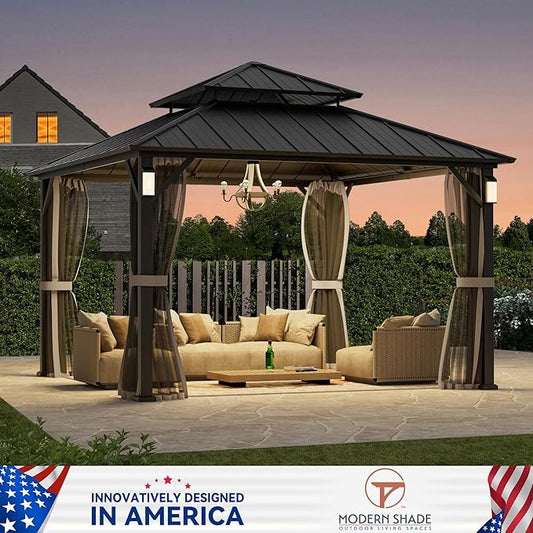 Modern Shade The Horizon Hardtop Gazebo 12' x 12' with 4 LED Lights, Permanent Outdoor Gazebo with Galvanized Steel Double Roof, Grill Pavilion with Decor Hooks, Mosquito Nettings, Black