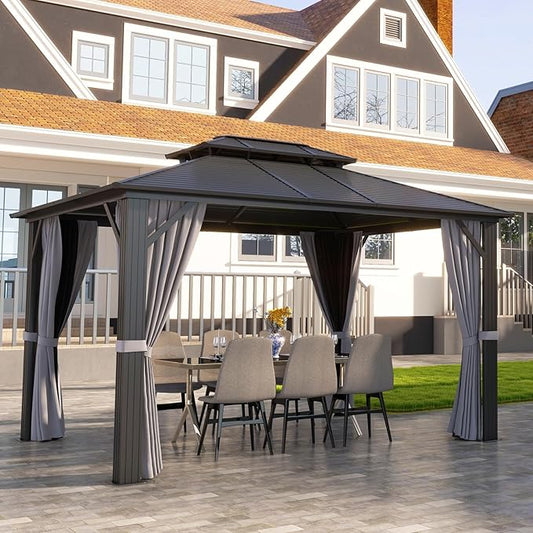 Aoxun 10Ft X 12Ft Hardtop Gazebo, Aluminum Metal Outdoor Gazebo with Breathable Netting and Curtains, Galvanized Steel Horizontal Double Top, Permanent Patio Pavilion for Dining, Wedding, Party