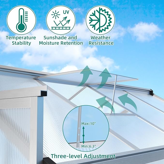 6 x 8 FT Greenhouse, Heavy-Duty Polycarbonate Large Walk-in Greenhouse Roof Vent ,Aluminum Frame & Lockable Door, for Backyard, Green Houses for Outside Garden Backyard