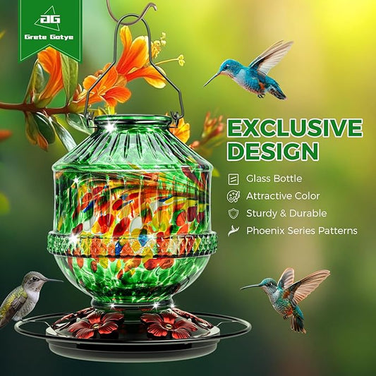 Hand Blown Glass Hummingbird Feeders for Outdoors, 25 Ounces Wild Bird Nectar Feeder with Perch & 5 Flower Feeding Ports Leak Proof Hanging for Garden Backyard Decor, Gifts for Women Mom, Green
