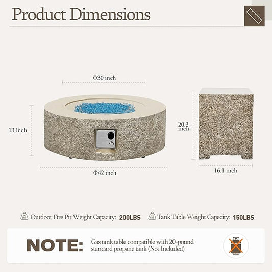 UPHA 42-inch Outdoor Propane Gas Fire Pit Table 50000 BTU Concrete Round FirePit for Outside Patio with Propane Tank Cover, Blue Glass Rocks, Rain Cover, Beige Texture