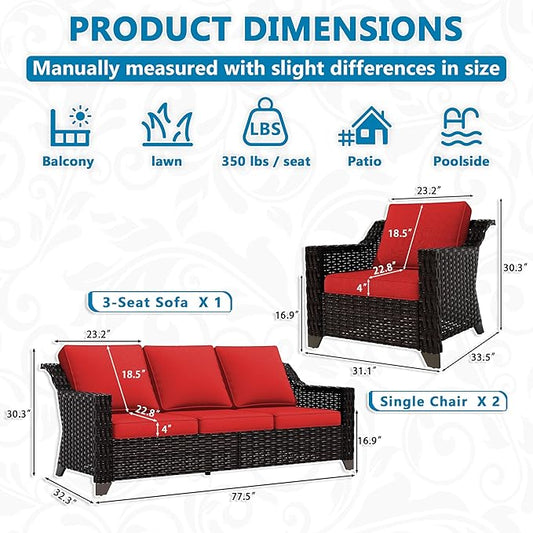 Vista Vibe 3 Pieces Outdoor Patio Conversation Furniture Set - 78" 3-seat Sofa | 2 Wicker Chairs, Deep Seat Loveseat, Removable Cushions, Hand-Woven PE Rattan Couch, Balcony (Brown/Red)