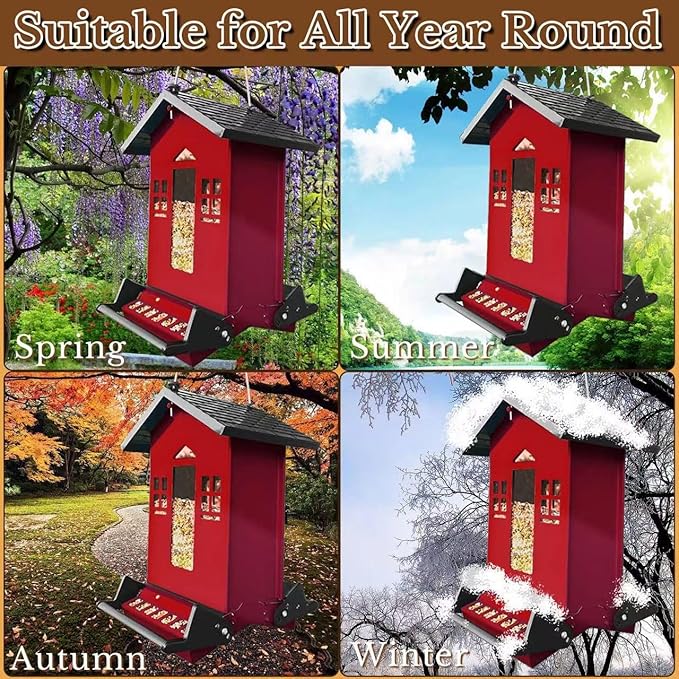 Squirrel Proof Bird Feeder, Red Metal Bird Seed Feeder for Outdoors Hanging Chew-Proof, 6lbs Large Seed Capacity for Cardinal, Finch, Sparrow, Blue Jay, Swallow