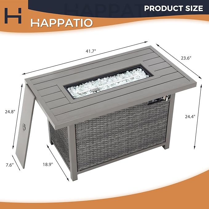 Fire Pit Table, HAPPATIO 42inch 50000 BTU Propane Fire Pit with Mental Fence Table Top, Lid, Black Glass Rock, CSA Safety Certified for Patio Balcony Backyard (Gray)