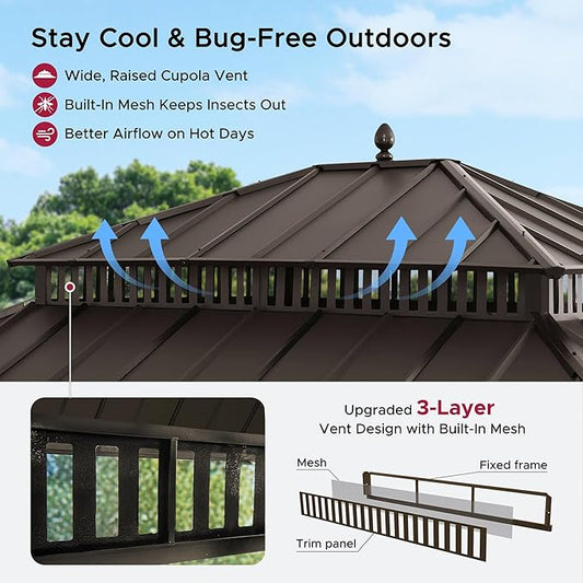 SUNJOY Kingston 14' x 12' Hardtop Gazebo with Galvanized Steel Double Roof, Curtain and Netting, Brown Aluminum Posts Permanent Pavilion Gazebo for Garden, Patio, Deck, Lawn
