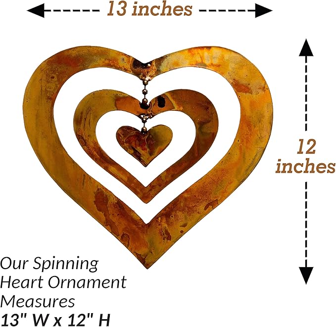 Happy Gardens Hanging Heart Ornament Spinner with a Flamed Finish | Outdoor Heart Decorations for Valentine's Day, Mother's Day | Garden and Backyard Gifts