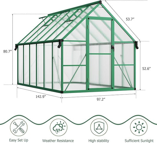 CABIHOME 8x12 FT Outdoor Greenhouse, Polycarbonate Greenhouse with Roof Vent and Ground Nails, Aluminum Large Walk-in Green House w/ Lockable Push Door for Outside Garden Backyard (Green, 8x12 FT)