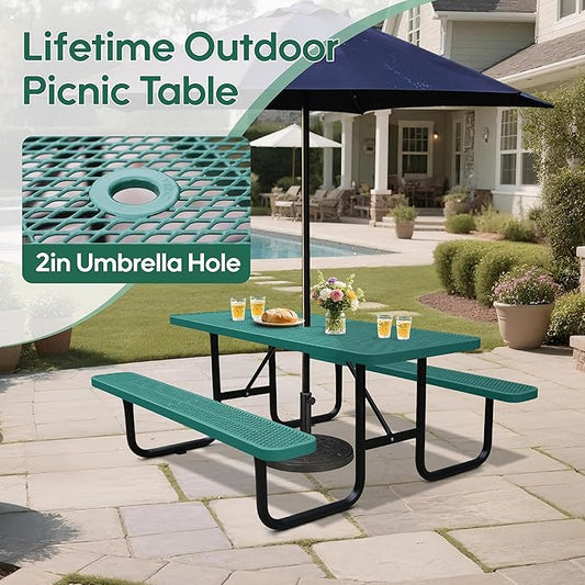 6FT Outdoor Picnic Tables,Heavy-Duty Metal Rectangular Picnic Table,Expanded Metal Commercial-Grade Table with 2 Benches & Umbrella Hole,Waterproof Coating Beach Table for Patio,Garden, Backyard