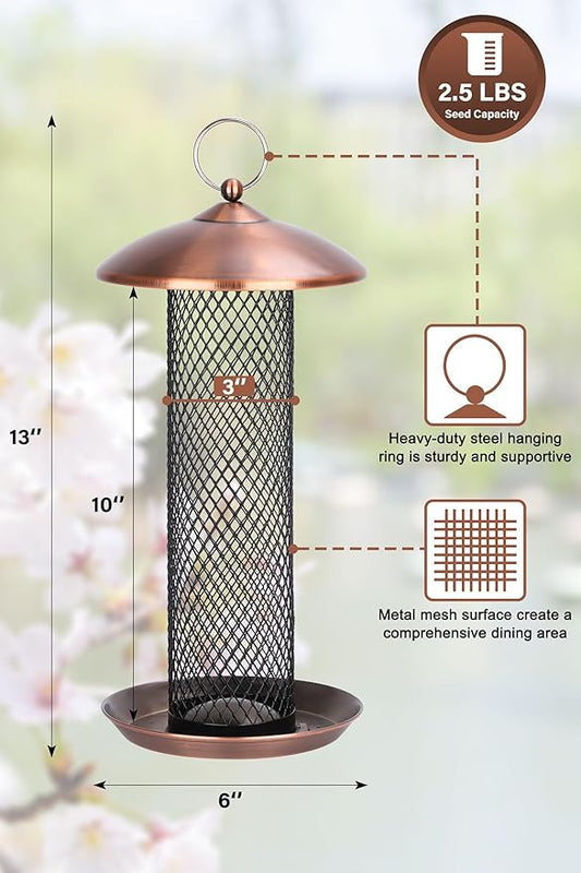 Gtongoko Bird Feeder for Outside, Metal Mesh Tube Bird Feeders 2.5 lbs for Sunflower Seeds or Mealworm, Large Capacity, Copper, 1 Pack