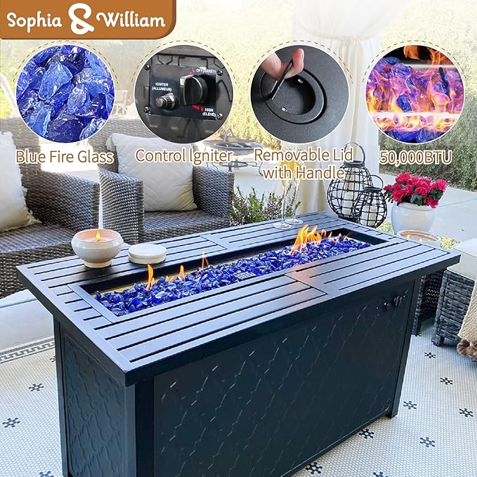 Sophia & William Patio Furniture Sets for 9 with 45" Gas Fire Pit Table Outdoor Conversation Sets 8 Pcs, 2xSofa Chairs, 2xSwivel Cushion Chairs, 1x3-Seat Sofa, 2xOttomans for Porch Poolside Red