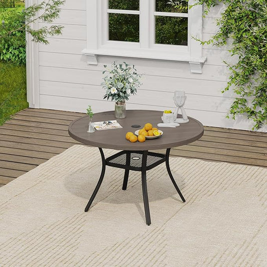 VICLLAX Outdoor Patio Round Dining Table, 41"x 41" Metal Slatted Round Tabletop with Adjustable Umbrella Hole for Deck Lawn Garden Backyard, Antique Grey