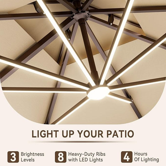 10 X 13 FT Cantilever Outdoor Patio Umbrella with Base Included Large Heavy Duty 360° Rotation Double Top Offset Rectangular Umbrellas with Led Lights for Backyard Outside Deck, Beige