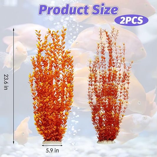 Hamiledyi Aquarium Plastic Plants Aquarium Decor Artificial Fish Tank Plants,Tall Fish Tank Decorations, Extra Large Aquarium Plant 23.6-inch Tall,2PCS(Orange Style A)