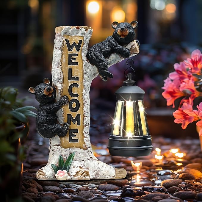 Json Garden Bear Statue with Solar LED Lantern, Gifts for Mom Yard Art, Whimsical Figurine Large Sculpture Lighted Outdoor Mother's Day Spring Decorations for Lawn, Porch