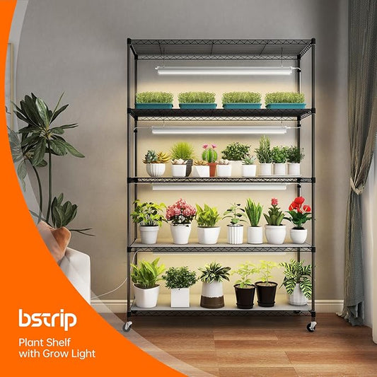 Bstrip Plant Shelf with Grow Lights, 5 Tier Large Tall Plant Stand with 3FT T5 144w Grow Light for Indoor Plants, 3 Mode Full Spectrum LED Plant Light with wheel and Timer for Seedling, 47.2x17.8x71IN