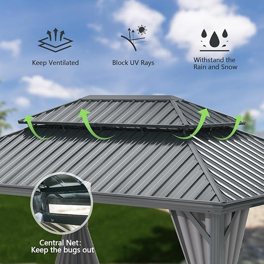 Domi 10x12FT Outdoor Gazebo, Hardtop Gazebo with Galvanized Steel Double Roof, Metal Gazebos with Drainage System Patio Pergola for Patio Deck Backyard,Curtain and Netting,Gray