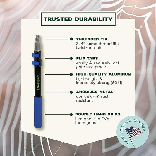 EVERSPROUT 8-10 Feet Standing Reach | 1.5-to-3 Foot Cobweb Duster and Extension-Pole Combo & Lightweight 3-Stage Aluminum Pole | Hand-Packaged Indoor/Outdoor Use Brush Attachment