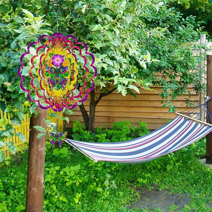 Hanging Butterfly Wind Spinners, Metal Kinetic Wind Spinner 3D Stainless Steel Laser Cut Wind Sculptures for Window Indoor Garden Decor Yard Art (Red)