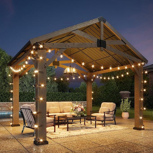 Aoxun 10' x 12' Outdoor Wood Gazebo, Hardtop Gazebo Permanent Wooden Pavilion with Galvanized Steel Gable Roof, for Patio, Garden, Backyard, Cedar Wood