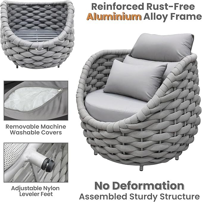 4 PCS Patio Deck Accent Chair: Large Woven Rope Chair Cushioned - Aluminum Modern Single Lounge Armchair Assembled - All Weather Outdoor Seating for 400lbs Lanai Balcony Porch Garden Hotel, Gray